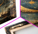 Crescent Moon in Starry Night Sky, Folk Art Framed Canvas Print, Boho Eclectic Decor, Minimalist Witchy Wall Art, Moody Decor