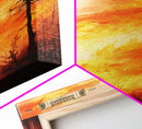 Sunset Blaze in Forest Framed Canvas Print – Dramatic Wall Art, Fiery Forest, Moody Scene, Rustic Decor, Living Room Art, Tall Narrow Art