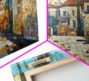 Mediterranean Village Mosaic Framed Canvas Print - Vibrant Coastal Landscape Art - Nautical Decor Living Room Rustic Wall Art