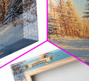 Winter Wonderland Framed Canvas Print, Snowy Forest Landscape Painting with Pine Tree Art, Cozy Rustic Wall Decor