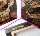 Skull Art Framed Canvas Print Featuring Floral Boho Design in Rustic Chinoiserie Style, Gothic Bedroom Art and Halloween Wall Decor