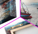 Seaside Village, sailboat painting, coastal wall art, blue and green wall art, above couch art, farmhouse art, Framed Canvas Print
