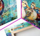 Duck Family, bird art, whimsical art, teal wall art, gift idea for her, landscape painting, extra wide art, Framed Canvas Print
