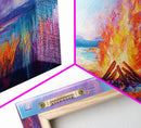 Bonfire at Sunset, Coastal Wall Art, Pink Orange Wall Art, Extra Wide Art, Horizontal Wall Art, Framed Canvas Print, Moody Art