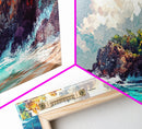 Rocky Cliff Beach, coastal landscape art, framed canvas print, seascape painting, nautical decor, extra wide art, above couch art