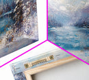 Lake Tahoe Art, Snowy Landscape, Winter Cabin Decor, Framed Canvas Print, Blue and Green Wall Art, Horizontal Wall Art