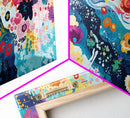 Floral abstract, whimsical art, colorful wildflowers, framed canvas print, botanical prints, pink orange wall art
