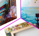 Bench, ocean view, autumn tree, Canvas Print, coastal landscape art, seascape painting, above bed wall art, extra wide art