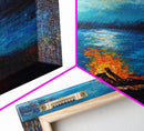 Campfire, Moonlight, Reflection, Framed Canvas Print, landscape painting, moody art, rustic wall art, blue and green wall art, bedroom art