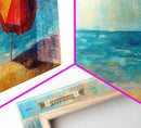 Vibrant Beach Umbrella Painting, Colorful Coastal Ocean Art, Bold Summer Seascape Decor, Bright Living Room, Canvas Print