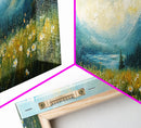 Mountain Lake Meadow Painting, Serene Nature Landscape, Cozy Cabin Art, Blue and Green Rustic Bedroom Wall Decor, Framed Canvas Print