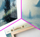 Foggy Mountain Lake Framed Canvas Print Tranquil Nature Wall Art, Misty Forest Landscape, Cool Blue Artwork, Cabin or Office Decor