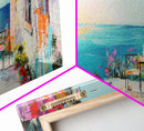 Mediterranean Patio Framed Canvas Print, Coastal Landscape Wall Art, Romantic Seaside Painting, Dining Room Decor, Boho Art