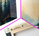 Misty Forest Landscape Wall Art, Blue and Gold Nature Painting, Rustic Cabin Decor, Cozy Woodland Art, Fall Living Room Artwork