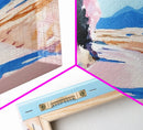 Blossoms, Mountain Path, Scenic Landscape Art, Nature Painting, Boho Decor, Framed Canvas Print, Pastel Pink Trees, Serene Wall Art