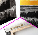 Sunrise Over Fields, Golden Light, Black and White Contrast, Tranquil Scene, Minimalist Wall Art, Warm Tones, Framed Canvas Print