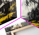 Tropical Beach House, Coastal Landscape Painting, Black and White Palm Tree Print, Island Wall Decor, Relaxing Canvas Print, Framed Canvas Print