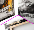 Cabin in Mountains, Rustic Winter Scene, Black and White Art, Fall Forest Accent, Cozy Lodge, Living Room Decor, Framed Canvas Print