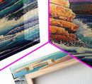 Ocean Rocks, Cliffs, Framed Canvas Print, Dramatic rocky shoreline painting with crashing waves, coastal landscape art, living room decor