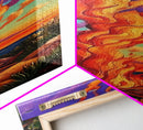 Fire Dusk, Mountains Vibrant – Scenic Bonfire Painting, Vibrant Nature Decor, Framed Canvas Print, Autumn Outdoor Living Room Art