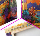 Sunset Courtyard, View, Vibrant sunset courtyard scene with ocean and mountain backdrop, Framed Canvas Print, kitchen wall art