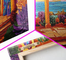 Patio Ocean, Paradise, View, Canvas Print tropical patio view art, living room coastal decor, sunset painting, Mediterranean vibes