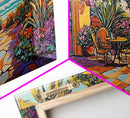 Patio Palm, Ocean, Framed Canvas Print, Tropical Patio Garden Scene, Warm Mediterranean Style Wall Decor,  Dining Room Art