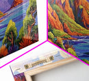 Coastal Cliffs, Tropical Shoreline, Sunset Mountains, Canvas Print, Boho Nature Wall Art, Office Decor, Landscape Painting