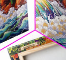 Rainbow, Waterfall, Jungle, Sunset, Framed Canvas Print Tropical boho art, bathroom art, living room decor, floral nature painting