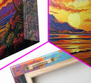 Mountains Tropical, Sunset, Palm Trees, Framed Canvas Print, Bold Landscape Art, Living Room Wall Decor, Sunset View, Boho Decor