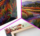 River Wildflowers, Autumn Trees, Mountain View, Framed Canvas Print, Fall Nature Art, Kitchen Wall Decor, Boho Landscape Painting