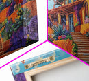 Villa Garden, Adobe, Colorful, Framed Canvas Print, vibrant Mexican villa wall art, blooming flowers, southwestern kitchen décor