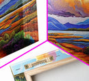 Autumn Mountains, Path, Landscape, Framed Canvas Print, serene autumn mountain scene with vibrant clouds, colorful field trail art