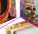 Mask, Window, Flowers, Coastal, Vibrant mask ocean view, Framed Canvas Print, Fiesta Art, Colorful Mexican Decor, Dining Room Wall Art
