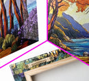 Trees Autumn, Ocean Trail, Canvas Print, Fall landscape, trees leading to ocean view, colorful palette, Living Room Wall Art