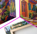 Villa, Palm Trees, Pathway, Lush Garden, warm tropical Canvas Print, boho patio decor, summer bungalow living room wall art