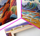 Surf Shoreline, Rocks, Sunset, Vibrant coastal Canvas Print, wave crashing beach art, living room ocean scene, colorful boho seascape