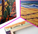Beach Cactus, Fence, Framed Canvas Print, Vibrant Desert Beach Landscape, Colorful Boho Western Decor, Southwestern Living Room Art