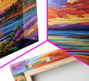 Sunset Lake, Pathway, Dreamy, Framed Canvas Print vibrant sunset lake art, colorful sky and mountain scene, living room art, office boho decor