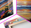 Tropical Beach, Sunset Waves, Lush Florals, Orange Glow — Framed Canvas Print vibrant coastal art, bathroom or bedroom beach decor, boho vibe
