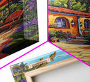 Tropical Courtyard, Retreat, Pathway, Framed Canvas Print, vibrant tropical patio scene, colorful garden art, Spanish boho home decor