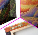 Cloudy Mountains, Sunset Glow, Forest Horizon, Tranquil Vibes, Framed Canvas Print, peaceful landscape, bedroom wall art