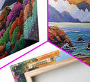 Vibrant Coastal View, Ocean Sunset Landscape, Floral Beach Scene, Framed Canvas Print, Colorful Wall Art, Tropical Living Room