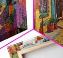 Coastal Village Street, Colorful Adobe Homes, Mediterranean Scene, Framed Canvas Print, Kitchen Wall Art, Rustic Living Room Decor