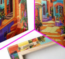 Colorful Village Lane, Bright Street Scene, Adobe Style Architecture, Framed Canvas Print, Boho Entryway Wall Art, Kitchen Decor