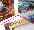 Ocean Wave Crash, Coastal Rock Shore, Vibrant Seascape Painting, Framed Canvas Print, Beach Bathroom or Nautical Living Room Art