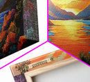 Mountain Sunset Lake, Bold Nature Landscape, Vibrant Water Reflection, Framed Canvas Print, Rustic Living Room or Cabin Wall Art