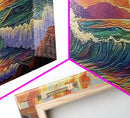 Sunset Surf, Rocky Coast, Vibrant Ocean, Evening Glow, Framed Canvas Print coastal bedroom art, surfer vibes, modern beach wall art