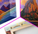 Mountain Coast, Sunset Glow, Majestic Landscape, Vibrant Horizon, Framed Canvas Print living room mountain wall art, rustic scenic decor