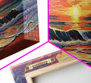 Crashing Sunset Waves, Ocean Horizon Art, Coastal Abstract Painting, Framed Canvas Print, Colorful Living Room Wall Art, Beach Vibes